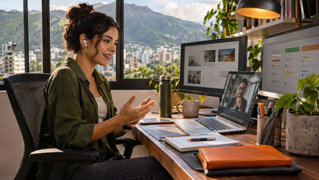 Profesional venezolano en trabajo remoto con portafolio digital y videollamada